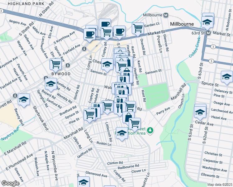 map of restaurants, bars, coffee shops, grocery stores, and more near 249 Maypole Road in Delaware County