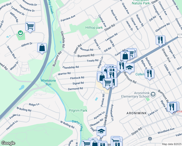 map of restaurants, bars, coffee shops, grocery stores, and more near 120 Warrior Road in Drexel Hill