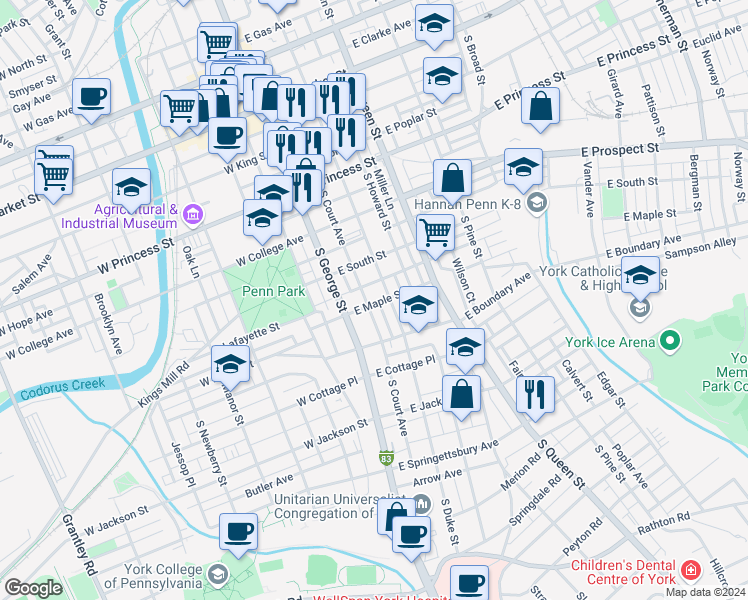 map of restaurants, bars, coffee shops, grocery stores, and more near 12 East Maple Street in York