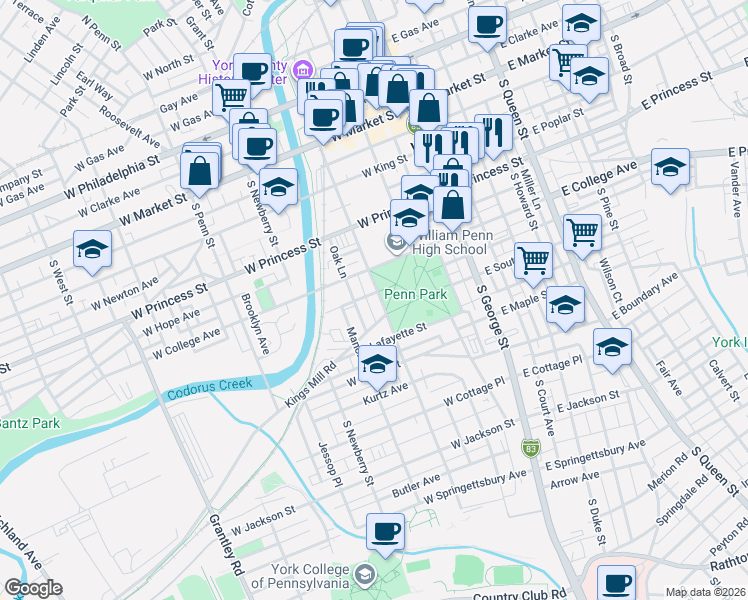 map of restaurants, bars, coffee shops, grocery stores, and more near 363 Oak Lane in York