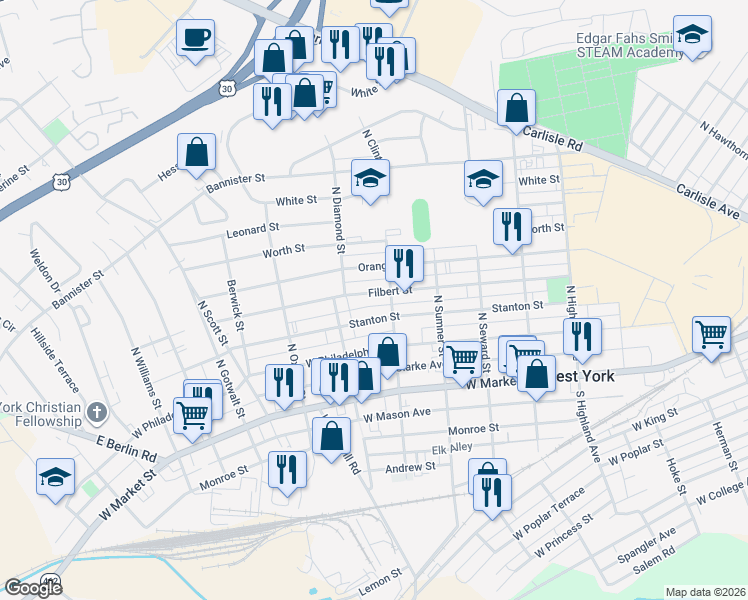 map of restaurants, bars, coffee shops, grocery stores, and more near 1819 Stanton Street in York