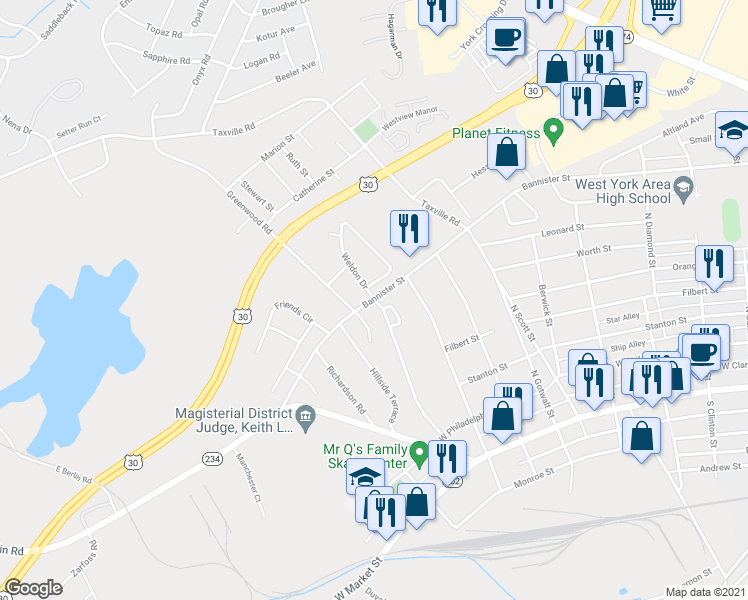 map of restaurants, bars, coffee shops, grocery stores, and more near 403 Weldon Drive in York