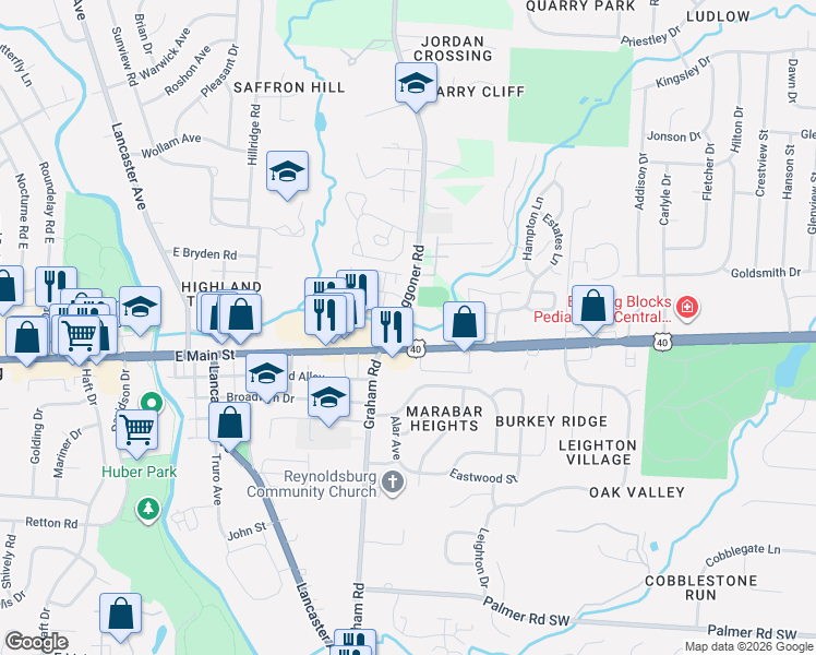 map of restaurants, bars, coffee shops, grocery stores, and more near 7643 East Main Street in Reynoldsburg