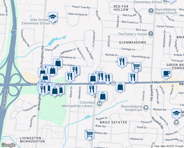 map of restaurants, bars, coffee shops, grocery stores, and more near 6302 East Main Street in Columbus