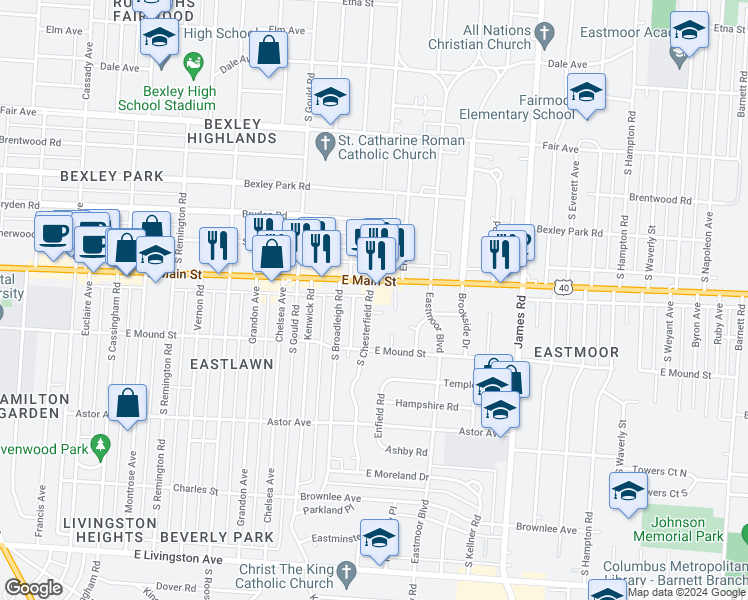 map of restaurants, bars, coffee shops, grocery stores, and more near 737 South Chesterfield Road in Columbus