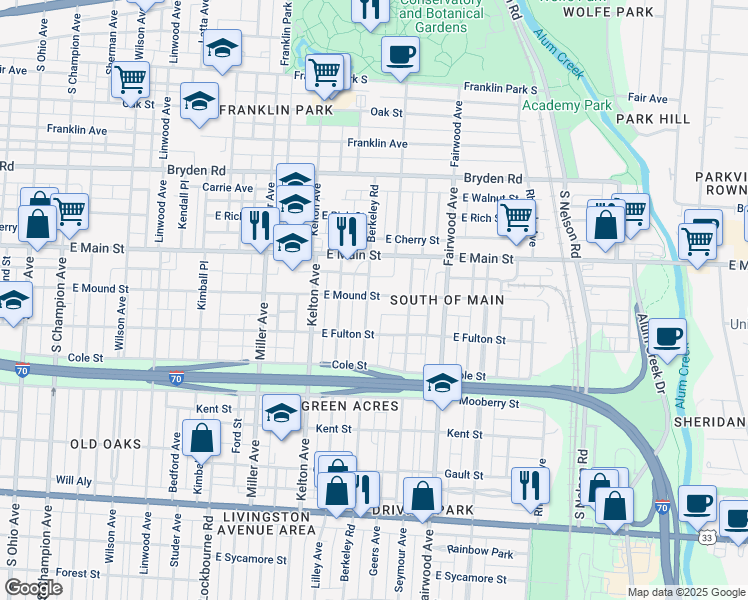 map of restaurants, bars, coffee shops, grocery stores, and more near 556 Berkeley Road in Columbus