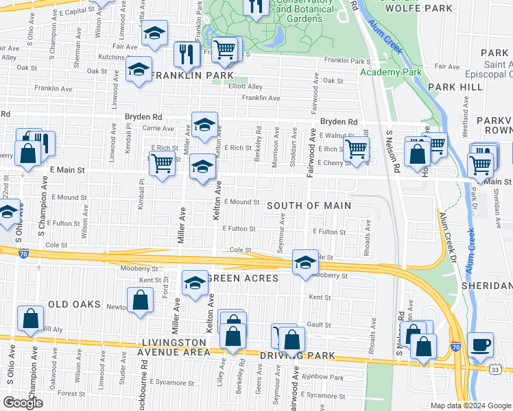 map of restaurants, bars, coffee shops, grocery stores, and more near 556 Berkeley Road in Columbus