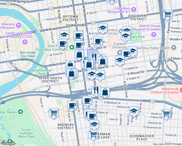 map of restaurants, bars, coffee shops, grocery stores, and more near 150 East Mound Street in Columbus