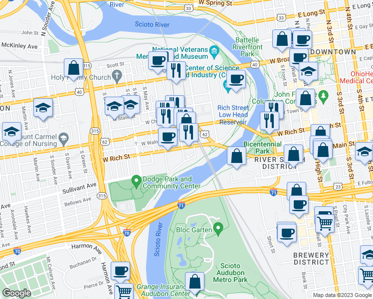map of restaurants, bars, coffee shops, grocery stores, and more near 392 Trestle View Street in Columbus