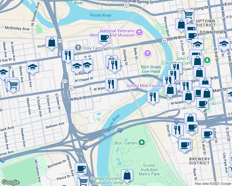 map of restaurants, bars, coffee shops, grocery stores, and more near 447 West Rich Street in Columbus