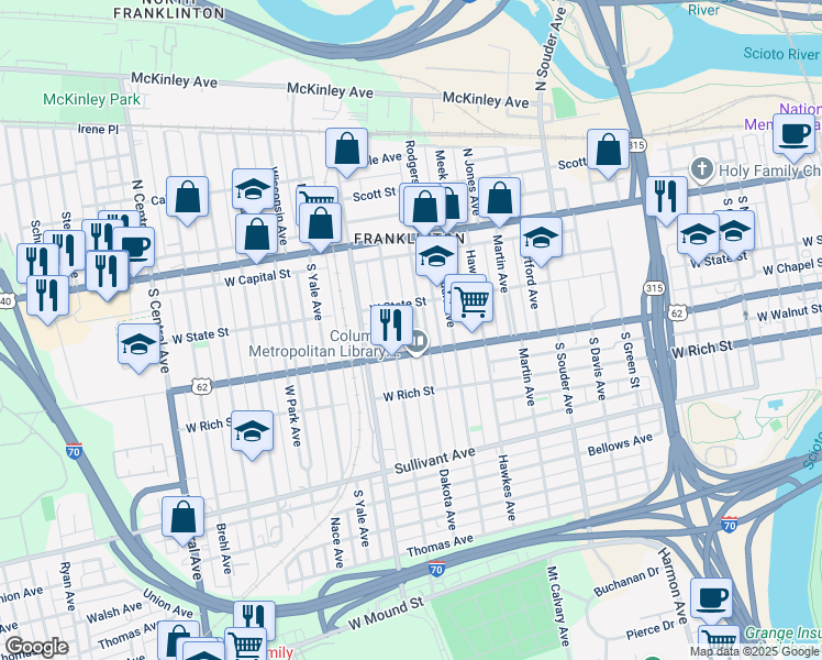 map of restaurants, bars, coffee shops, grocery stores, and more near in Columbus