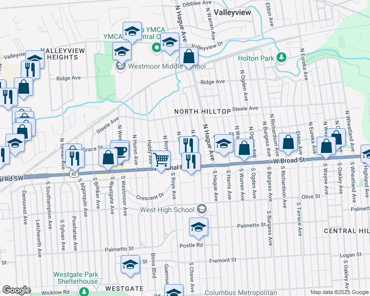 map of restaurants, bars, coffee shops, grocery stores, and more near 11 North Powell Avenue in Columbus