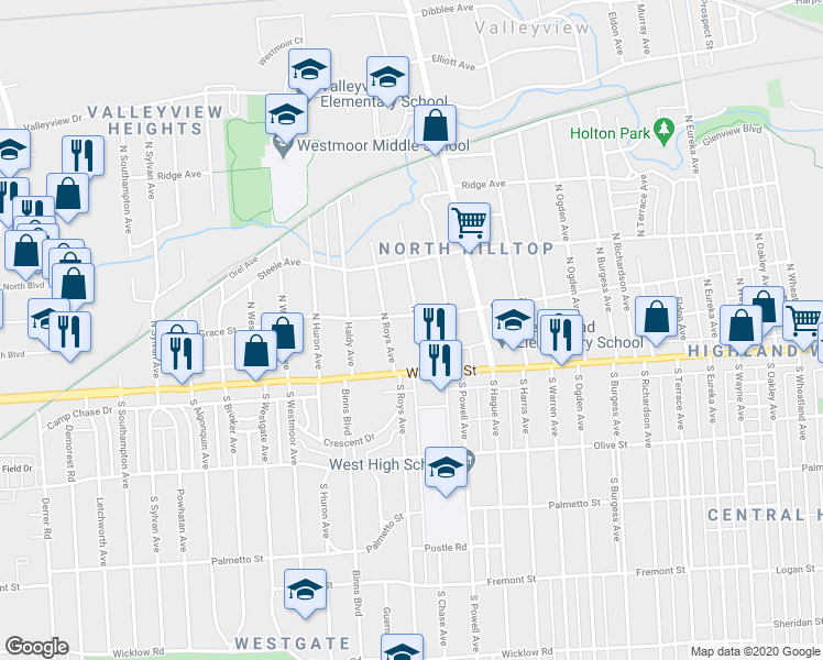 map of restaurants, bars, coffee shops, grocery stores, and more near 2880 West Broad Street in Columbus