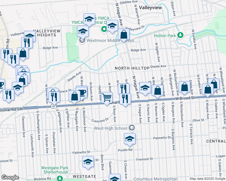 map of restaurants, bars, coffee shops, grocery stores, and more near 30 North Roys Avenue in Columbus