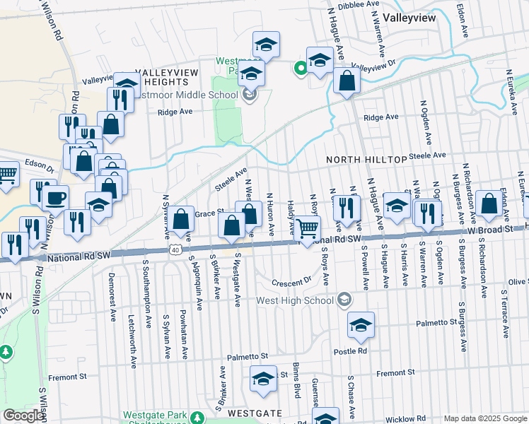 map of restaurants, bars, coffee shops, grocery stores, and more near 38 North Huron Avenue in Columbus