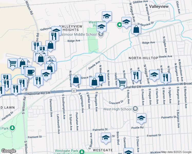 map of restaurants, bars, coffee shops, grocery stores, and more near 41 North Westgate Avenue in Columbus