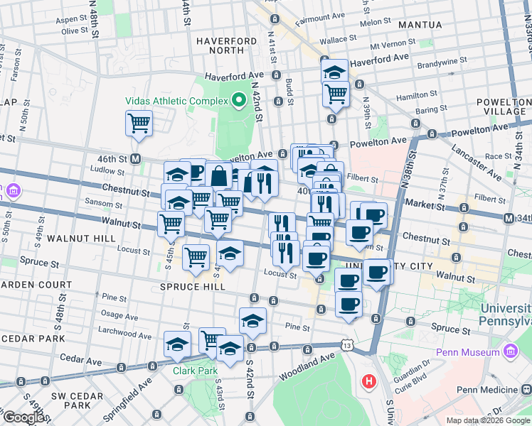 map of restaurants, bars, coffee shops, grocery stores, and more near Chestnut St & S 42nd St in Philadelphia