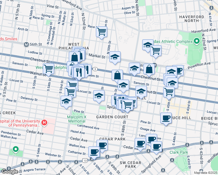 map of restaurants, bars, coffee shops, grocery stores, and more near 4926 Walnut Street in Philadelphia