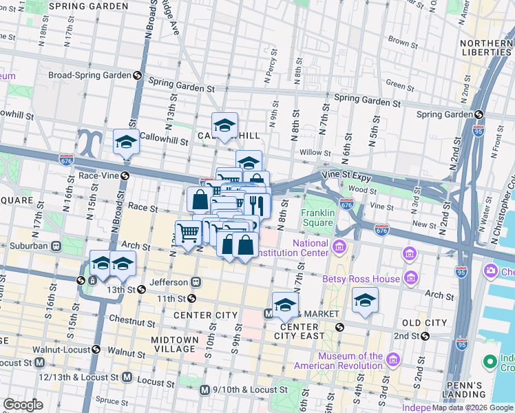 map of restaurants, bars, coffee shops, grocery stores, and more near 208 North 9th Street in Philadelphia