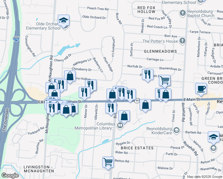 map of restaurants, bars, coffee shops, grocery stores, and more near 6302 East Main Street in Columbus
