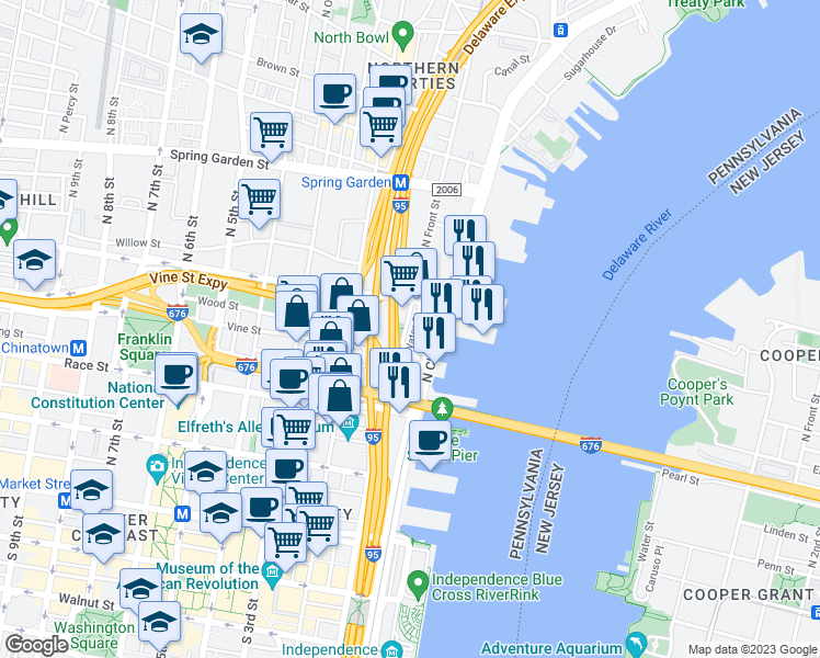 map of restaurants, bars, coffee shops, grocery stores, and more near 321 North Front Street in Philadelphia