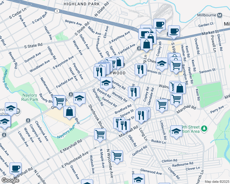 map of restaurants, bars, coffee shops, grocery stores, and more near 300 Richfield Road in Upper Darby