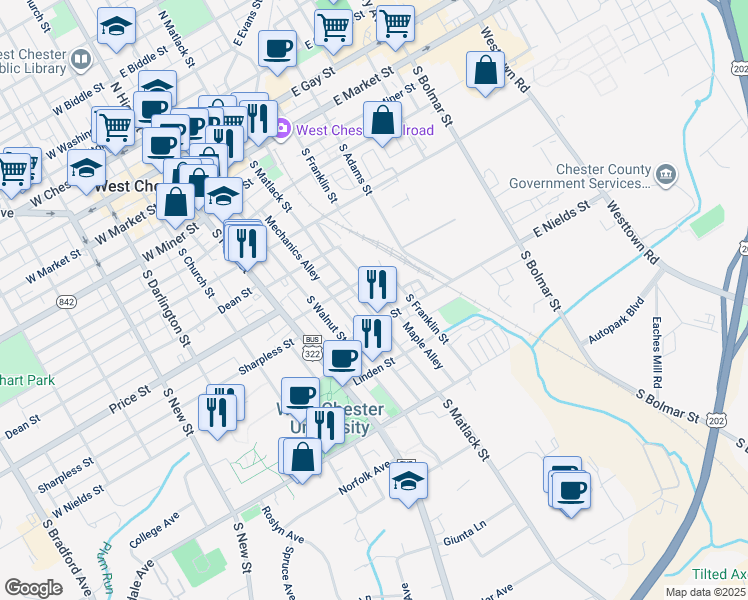 map of restaurants, bars, coffee shops, grocery stores, and more near 529 South Matlack Street in West Chester