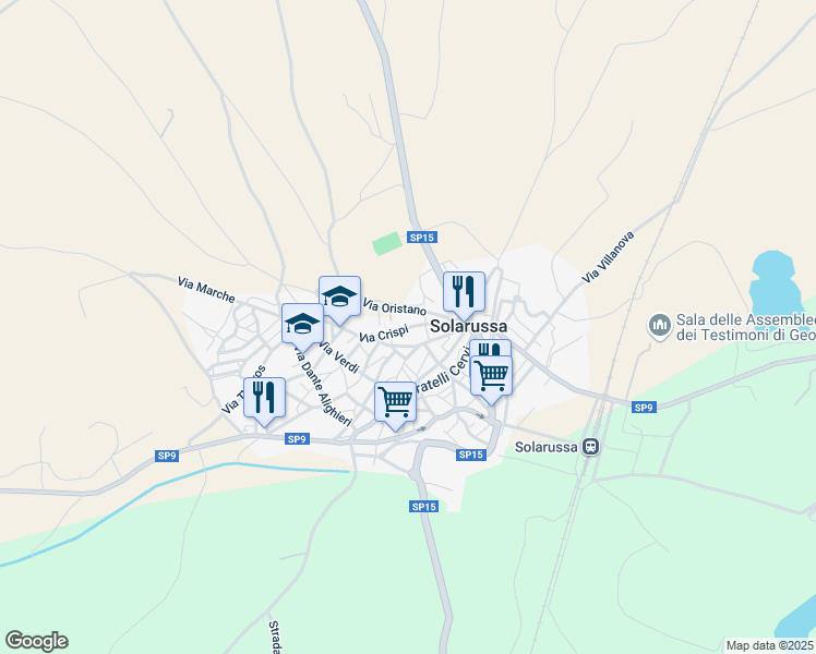 map of restaurants, bars, coffee shops, grocery stores, and more near 9 Via Vittorio Veneto in Solarussa