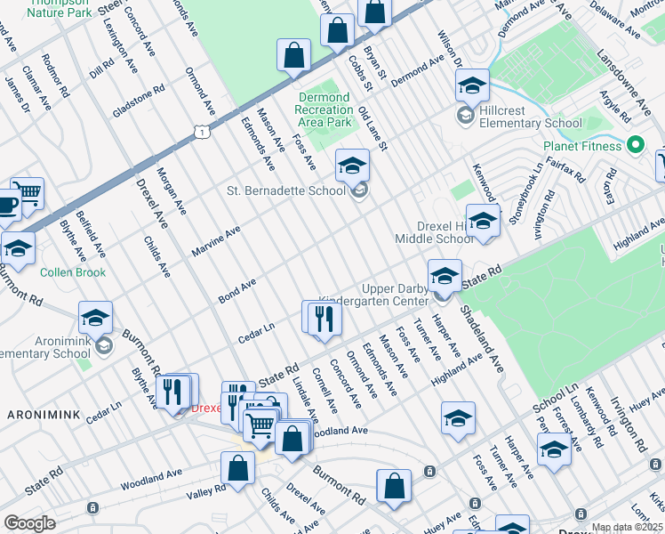 map of restaurants, bars, coffee shops, grocery stores, and more near 925 Edmonds Avenue in Drexel Hill