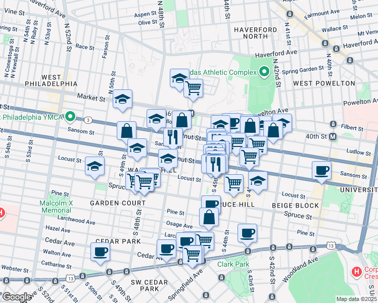 map of restaurants, bars, coffee shops, grocery stores, and more near 4614 Sansom Street in Philadelphia