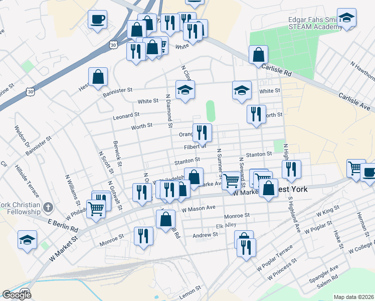 map of restaurants, bars, coffee shops, grocery stores, and more near 1819 Stanton Street in York
