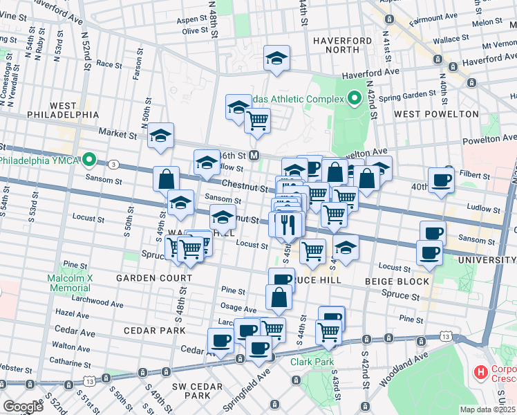 map of restaurants, bars, coffee shops, grocery stores, and more near 128 South 46th Street in Philadelphia