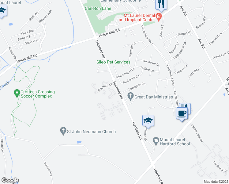 map of restaurants, bars, coffee shops, grocery stores, and more near 250 Everly Court in Mount Laurel