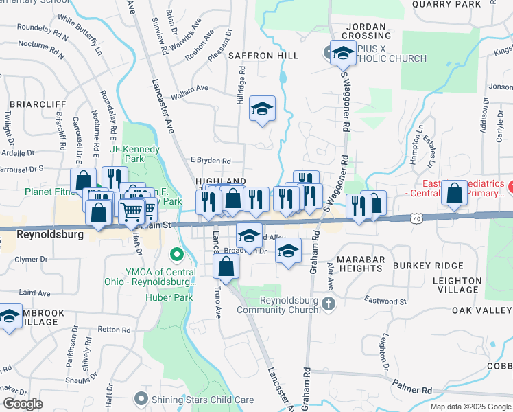 map of restaurants, bars, coffee shops, grocery stores, and more near 7470 U.S. 40 in Reynoldsburg