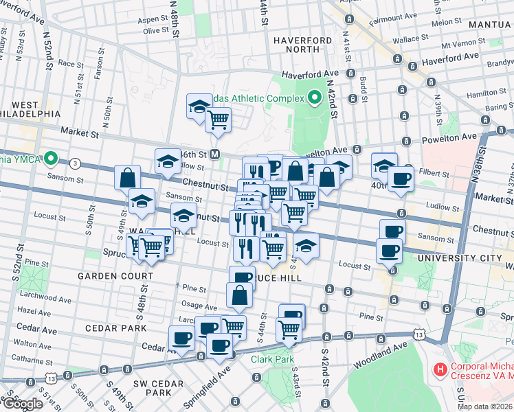 map of restaurants, bars, coffee shops, grocery stores, and more near 4447 Sansom Street in Philadelphia