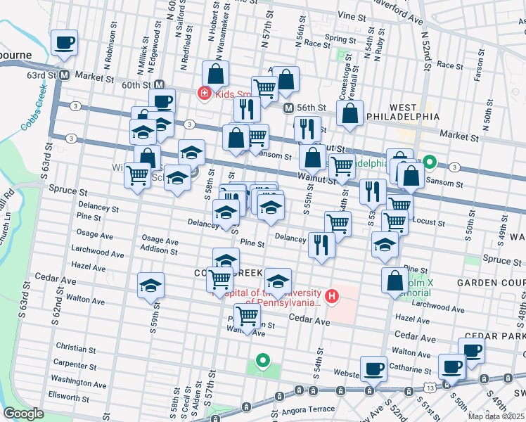 map of restaurants, bars, coffee shops, grocery stores, and more near 279 South Ithan Street in Philadelphia