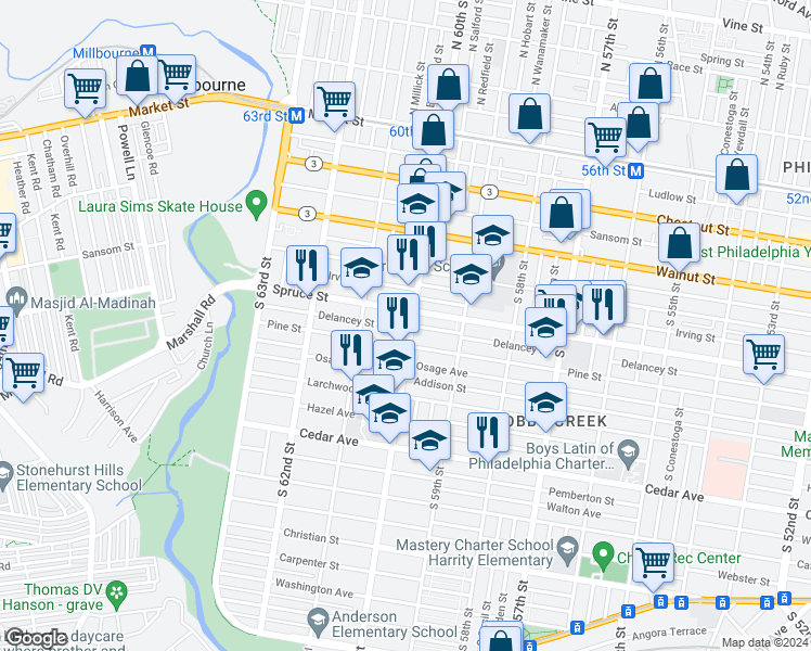 map of restaurants, bars, coffee shops, grocery stores, and more near 314 South 60th Street in Philadelphia