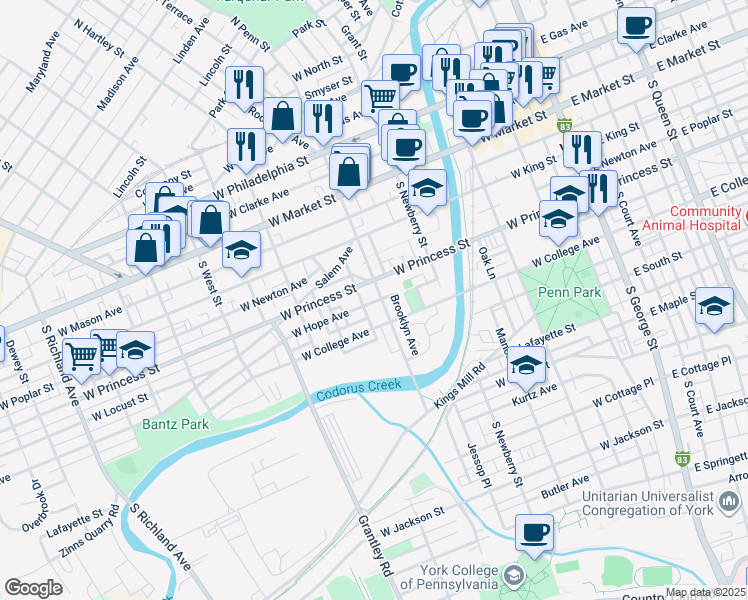 map of restaurants, bars, coffee shops, grocery stores, and more near 222 South Penn Street in York
