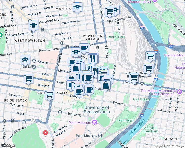 map of restaurants, bars, coffee shops, grocery stores, and more near 3440 Market Street in Philadelphia