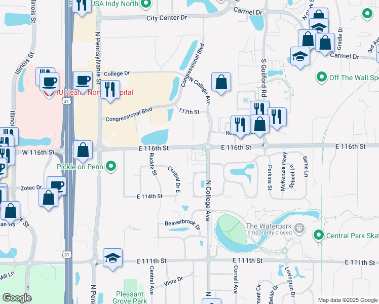 map of restaurants, bars, coffee shops, grocery stores, and more near 11411 Central Court in Carmel