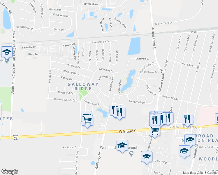 map of restaurants, bars, coffee shops, grocery stores, and more near 223 Yehlshire Drive in Galloway