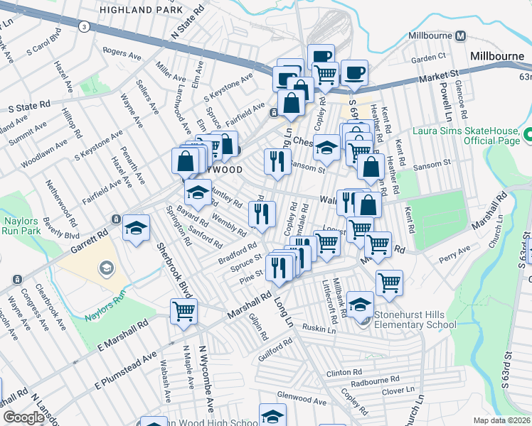 map of restaurants, bars, coffee shops, grocery stores, and more near 243 Long Lane in Delaware County
