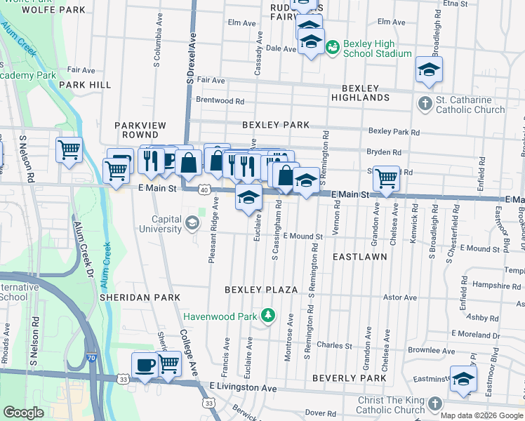 map of restaurants, bars, coffee shops, grocery stores, and more near in Bexley