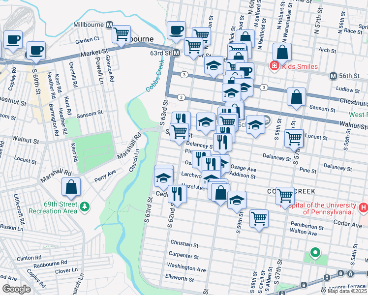 map of restaurants, bars, coffee shops, grocery stores, and more near 6163 Pine Street in Philadelphia