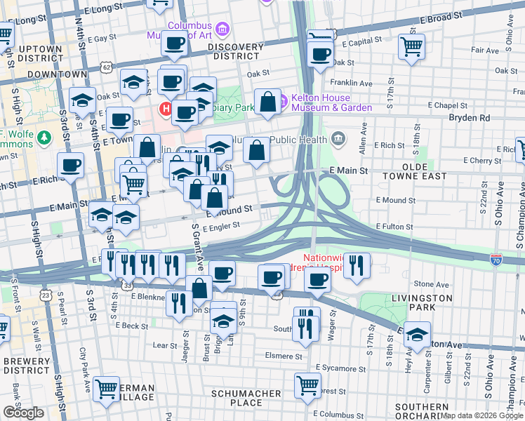 map of restaurants, bars, coffee shops, grocery stores, and more near 525 East Engler Street in Columbus