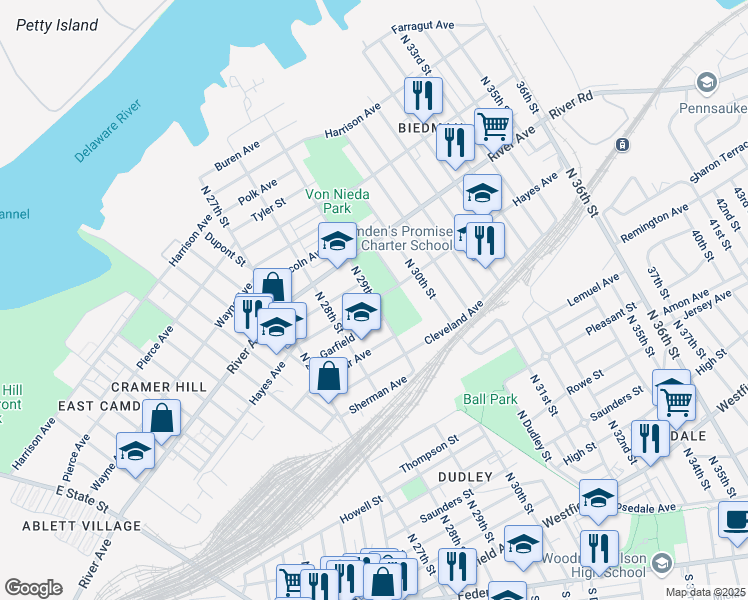 map of restaurants, bars, coffee shops, grocery stores, and more near Hayes Avenue in Camden