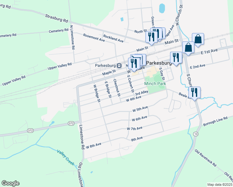 map of restaurants, bars, coffee shops, grocery stores, and more near 601 3rd Avenue in Parkesburg