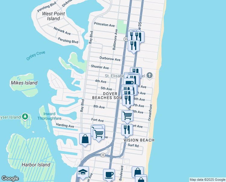 map of restaurants, bars, coffee shops, grocery stores, and more near 205 5th Avenue in Seaside Heights