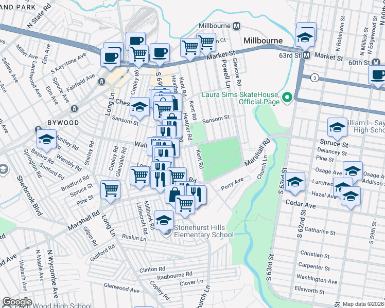 map of restaurants, bars, coffee shops, grocery stores, and more near 229 Barrington Road in Delaware County
