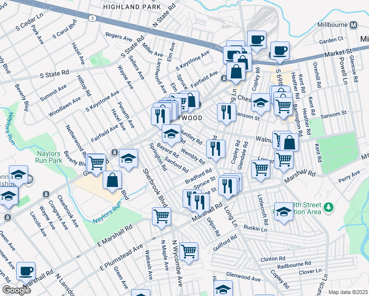map of restaurants, bars, coffee shops, grocery stores, and more near 281 Sheffield Road in Lansdowne